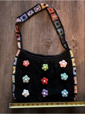 Handmade Black Crochet Shoulder Bag with Multicolor Flower Appliqués